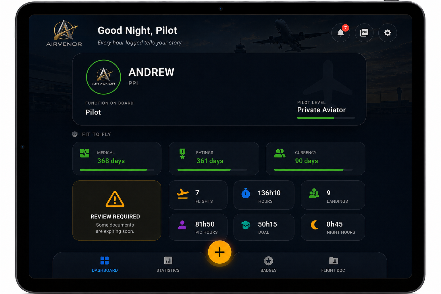 Pilot Logbook application interface showing flight records